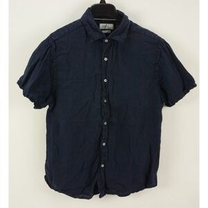 Porter & Ash 100% Linen Men's Large Slim Short Sleeve Navy Blue Button Up Shirt